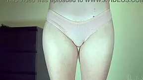 sexy school girl with hairy pussy tries on cotton panties in close up