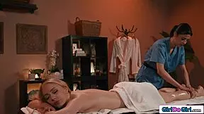 Blonde Client Receives Intense Lesbian Mouth To Pussy Massage!
