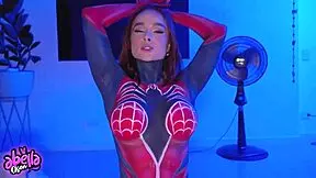 Hot spiderwoman fucks her fan and rides him until he cums, so sexy.