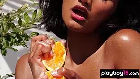 i watch petite asian babe angel constance squeeze an orange on her perfect tits