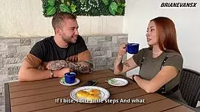 Redhead with pierced breasts offers coffee, big ass, pink pussy, and blowjob