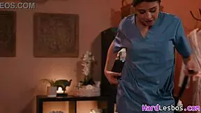 Blonde teen client intensely fingered and licked by masseuse