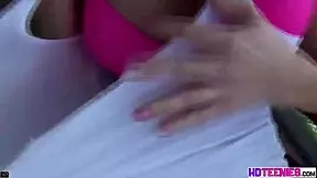 Pretty Amber's fuckin n slappin with her big tits bouncin durin hardcore sex n cumshot.