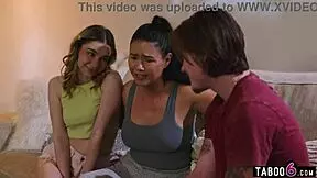 Stepmom comforts scared stepdaughter and stepson in family roleplay