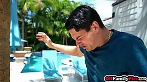 Stepsister and bff giving double blowjob before hardcore sex