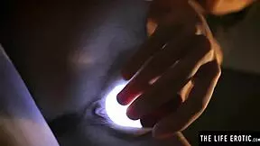 Sleepless Girl Rubs Her Clit At Night With A Hand Held Light
