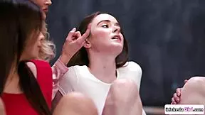 Big tits teen enjoys foursome with lesbian stepsis and stepmom, including kissing and spanking