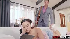 The petite Asian babysitter squirts while getting fucked by her big dick boss.
