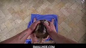 smallhoe - petite blondie with cute butt takes off tiny bikini and pounds lucky stud