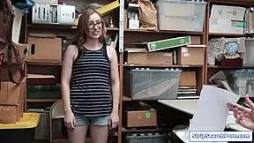 Store officer face fucks teen shoplifter hard.