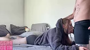 cute stepsister in fluffy sweater plays video games and sucks her stepbrother's huge dick