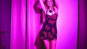 Blonde teen relaxes with a dance to French music