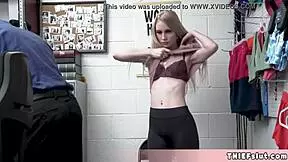 Skinny Blonde Shoplifter Chick Caught By An Older Pervy Mall Cop