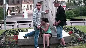 cute teen girl fucked by 2 guys in public
