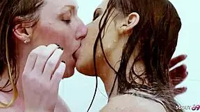 Tanned milf with saggy natural tits and bushy vagina seduces blonde pale white skin under shower to intense lesbian sex.