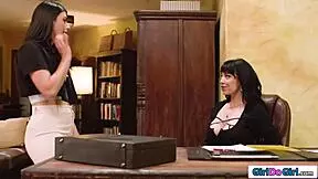 Petite Brunette Seduces Big Tit Latina Lesbian Milf Boss