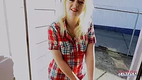 Petite busty blonde Annie Archer says, 'Watch me masturbate with this toy and suck cock.'