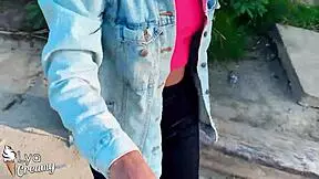 blonde suck big cock and hanjob outdoor pov