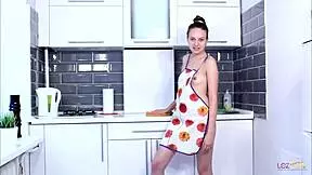 chipper teen in red panties masturbates kitchen