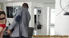 blonde teen tugs on that big black cock while chatting about it