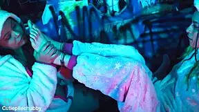 ebony bbw and petite tattooed girlfriend in lesbian feet worship session