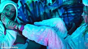 ebony bbw and petite tattooed girlfriend in lesbian feet worship session