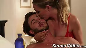 Cute brunette walks in on stepmom sucking brother's huge cock and joins the threesome