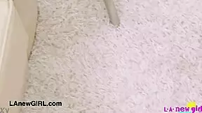 super hot aspiring model strips naked and fingers her shaved teen pussy on sofa