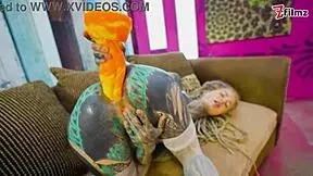 sexy tattoo slut gapes ass with xl dildo in fishnets and heels!!