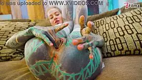 sexy tattoo slut gapes ass with xl dildo in fishnets and heels!!