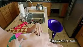 busty girlfriend sneaks kitchen bang with huge cock facial finish