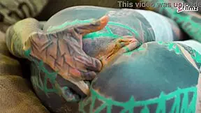 sexy tattoo slut gapes ass with xl dildo in fishnets and heels!!