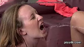 We wet lesbian teens squirt piss and cum from dildos in the garage, soaking our fetish pussies hard!