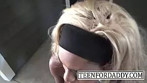 blonde asian stepsis drops to knees for public sloppy deepthroat blowjob