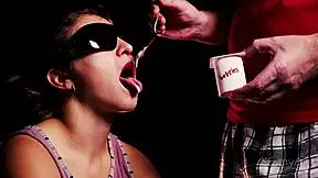 A blind girl cheats in taste game swallowing friend's cum mouthful surprise
