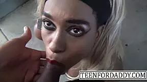 blonde asian stepsis drops to knees for public sloppy deepthroat blowjob