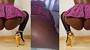 oiled slimthick ebony nympho in miniskirt gets clit pumped to kinky creampie sex