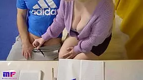 busty blonde student sneaks handjob on deskmate's cock right in classroom pov