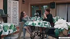 Busty Shemale Emma Rose Pounds College GF's Pussy in Public Cafe Lick Fest!