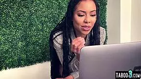 Watch tiny ebony teen kira noir finger her trimmed pussy while staring at hardcore porn solo.