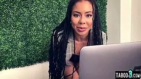 Watch tiny ebony teen kira noir finger her trimmed pussy while staring at hardcore porn solo.