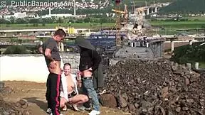 Cute petite teen fucked hard at public site by two big cocks