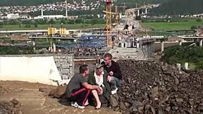 Cute petite teen fucked hard at public site by two big cocks