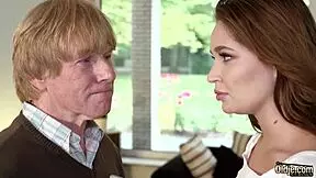 hot teen sucks old grandpa's cock deep then rides him hard till cumshot swallow