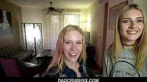 WOW! Cute Blonde Twins Mazzy Grace Emma Starletto Ravaged by Stepdaddy's Monster Cock in Sleepover 3some!