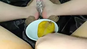 Virgin Pussy Stuffed with Mango Dripping Juices in Kinky Food Masturbation