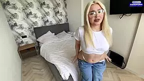 Young Blonde Glasses Girl Rides Cock Big Tits Ass Chubby Tattoo Amateur Couple POV Cumshot