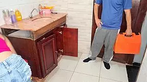 Wow! Housewife seduces plumber flashing short skirt no panties underneath!