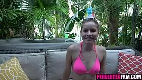 Stepdaughter unwraps her fresh pussy as birthday treat for stepdad on his special day.