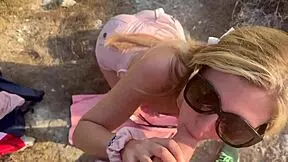 What if blonde babe gives deepthroat blowjob high in mountains then takes facial cumshot outdoors?